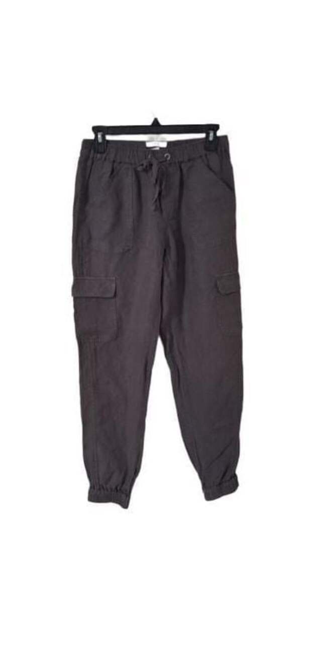 Nicole Miller 100% Linen Cargo Jogger Pants Gray Elastic Waist Drawstring